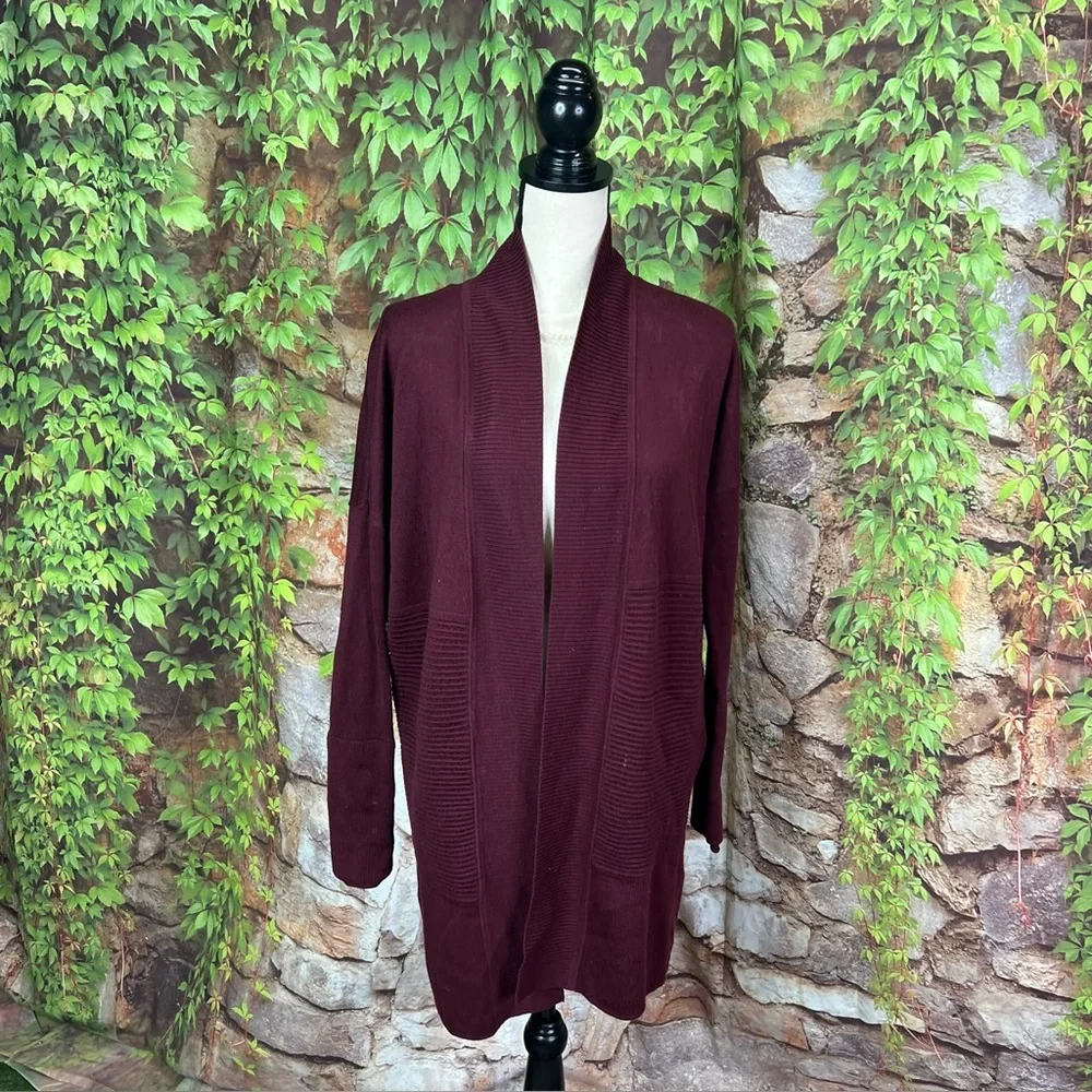 LULULEMON Heathered Plum Athleisure Rib Knit Merino Wool Open Cardigan Sweater 4